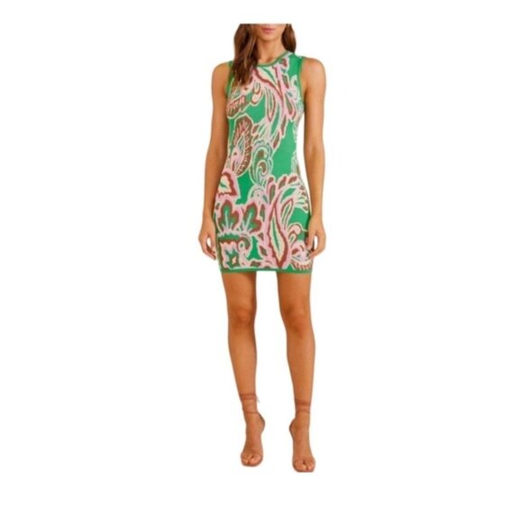 Minkpink Womens Sierra Sleeveless Knit Dress Small Green Pink Floral Pattern NWT - Picture 1 of 7
